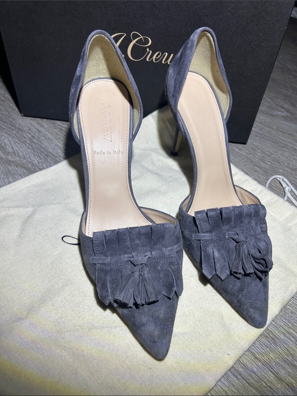 J. Crew Charcoal Suede Tassel Pointed D'Orsay Heels